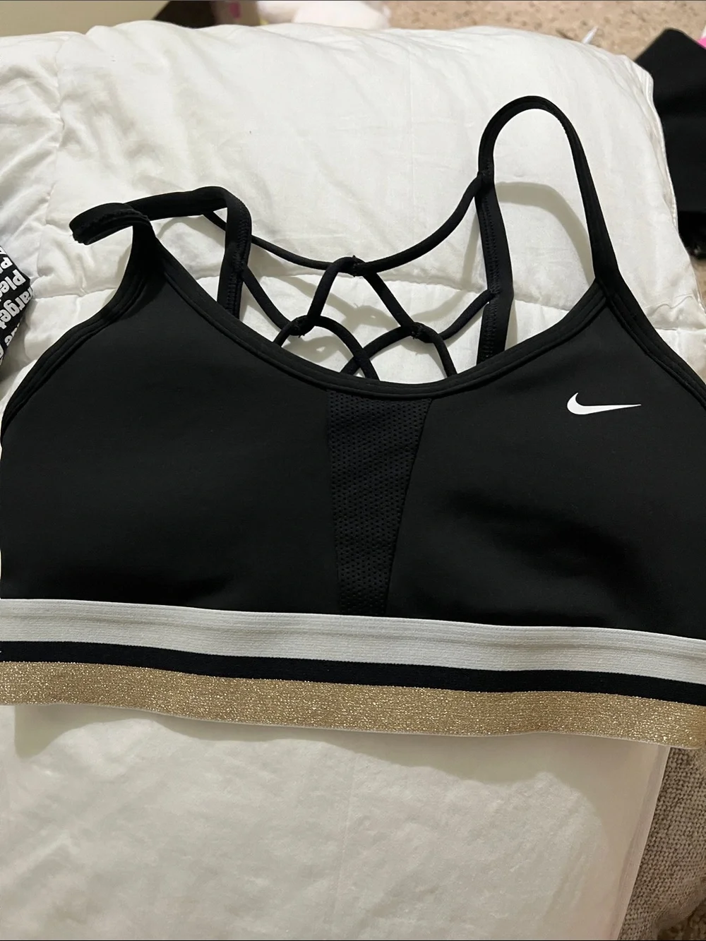 Nike Black Sports Bra with White and Gold Accent Band